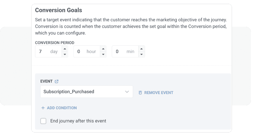 Pushwoosh Customer Journey Builder setting conversion goal